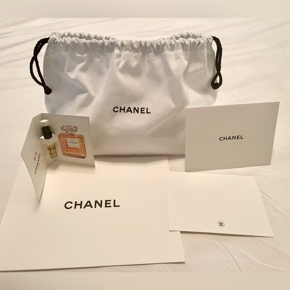 100% Authentic CHANEL white cotton canvas drawstring pouch cosmetic storage bag